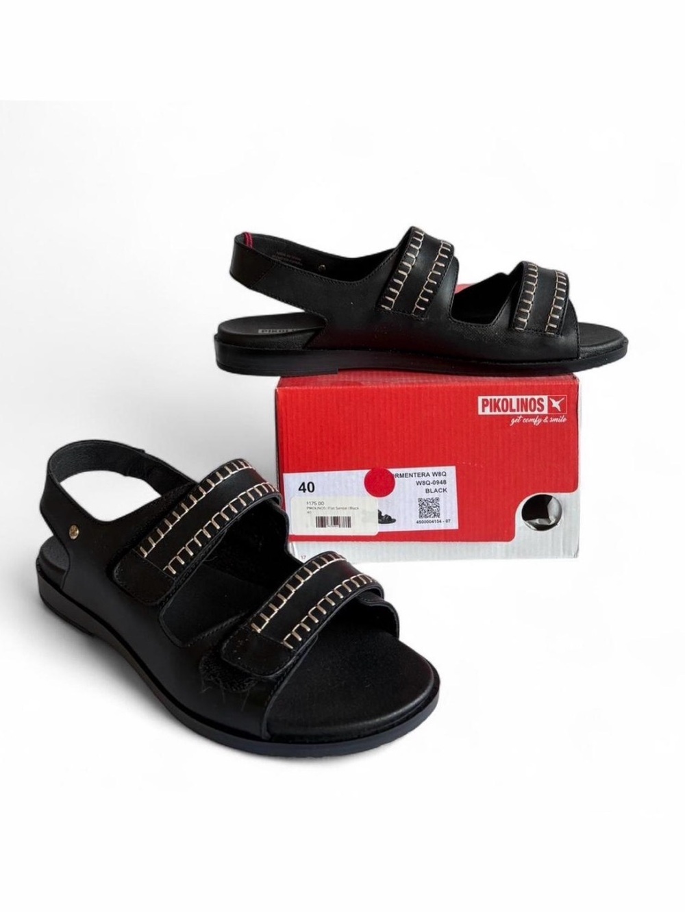 PIKOLINOS “FORMENTERA” Black Leather Embroidered Velcro Sandals